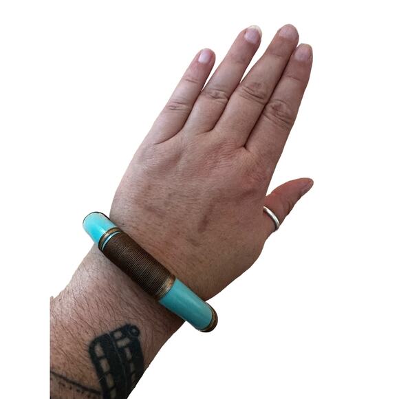 Teal and Copper Wire Bangle Bracelet - Picture 4 of 5